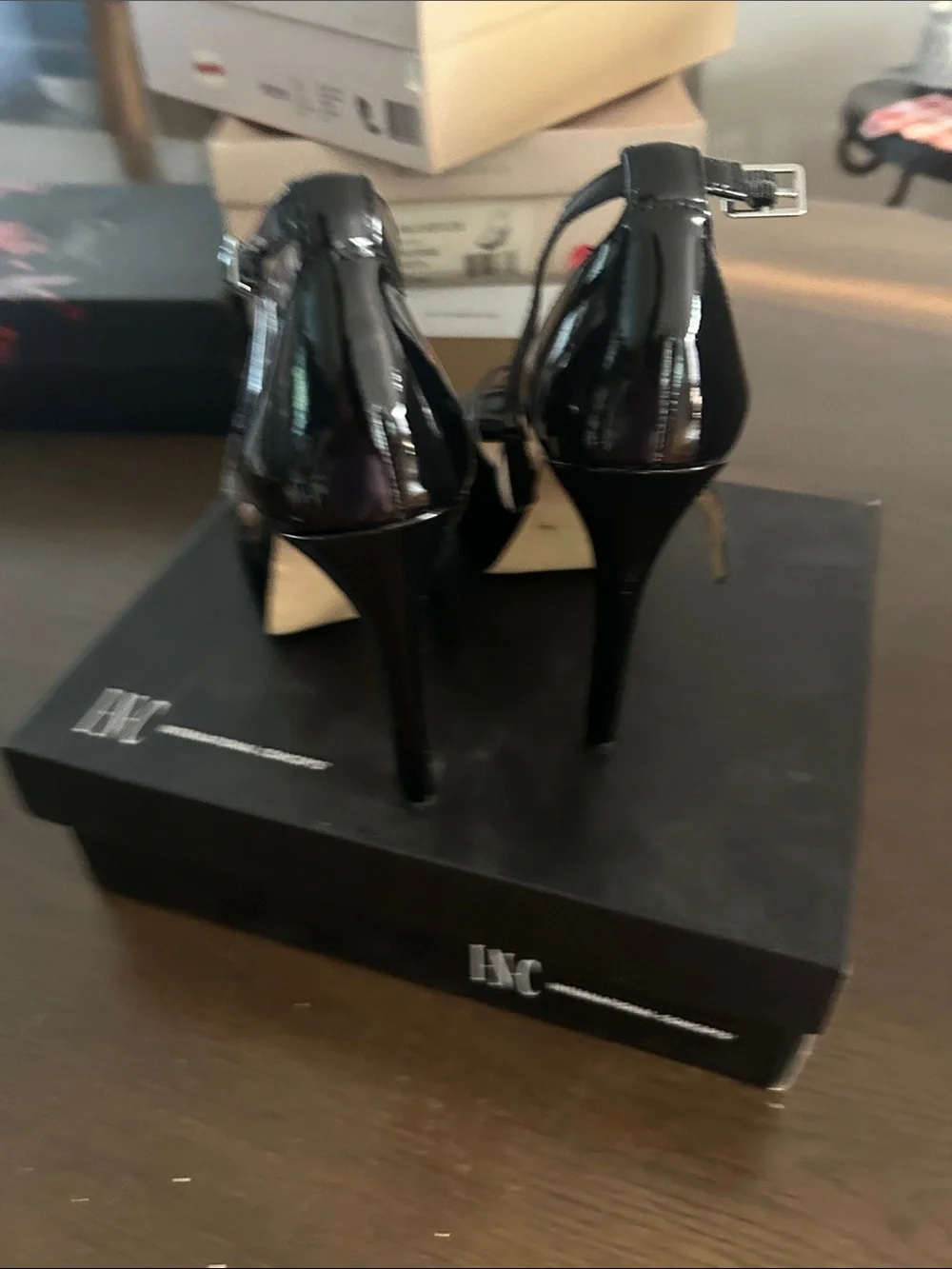 INC International Concepts Black Patent Peep-Toe Platform Heels with Ankle Strap